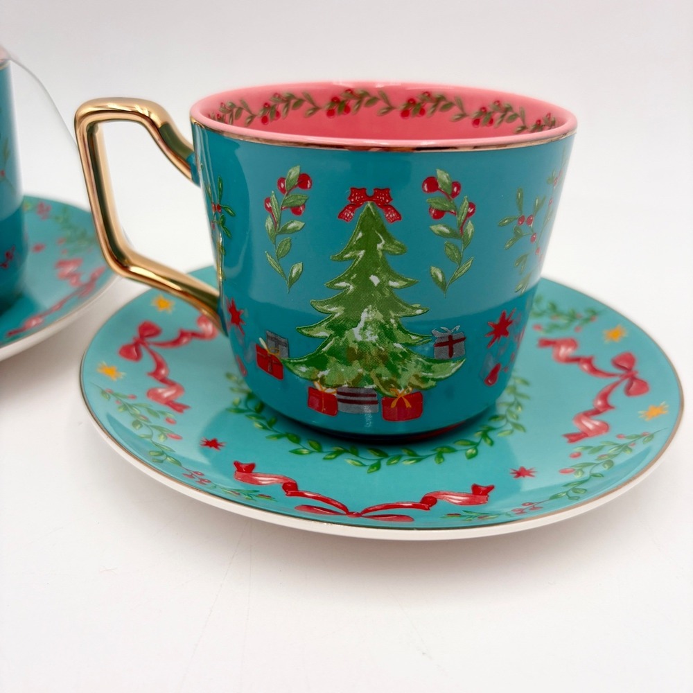 Monterey Bay Fine Porcelain Christmas Tree Teacup Saucer Set Teal Pink Gold - Picture 1 of 7